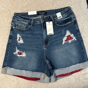 Judy Blue Women's Distressed Jean Shorts - Blue and Red Accents